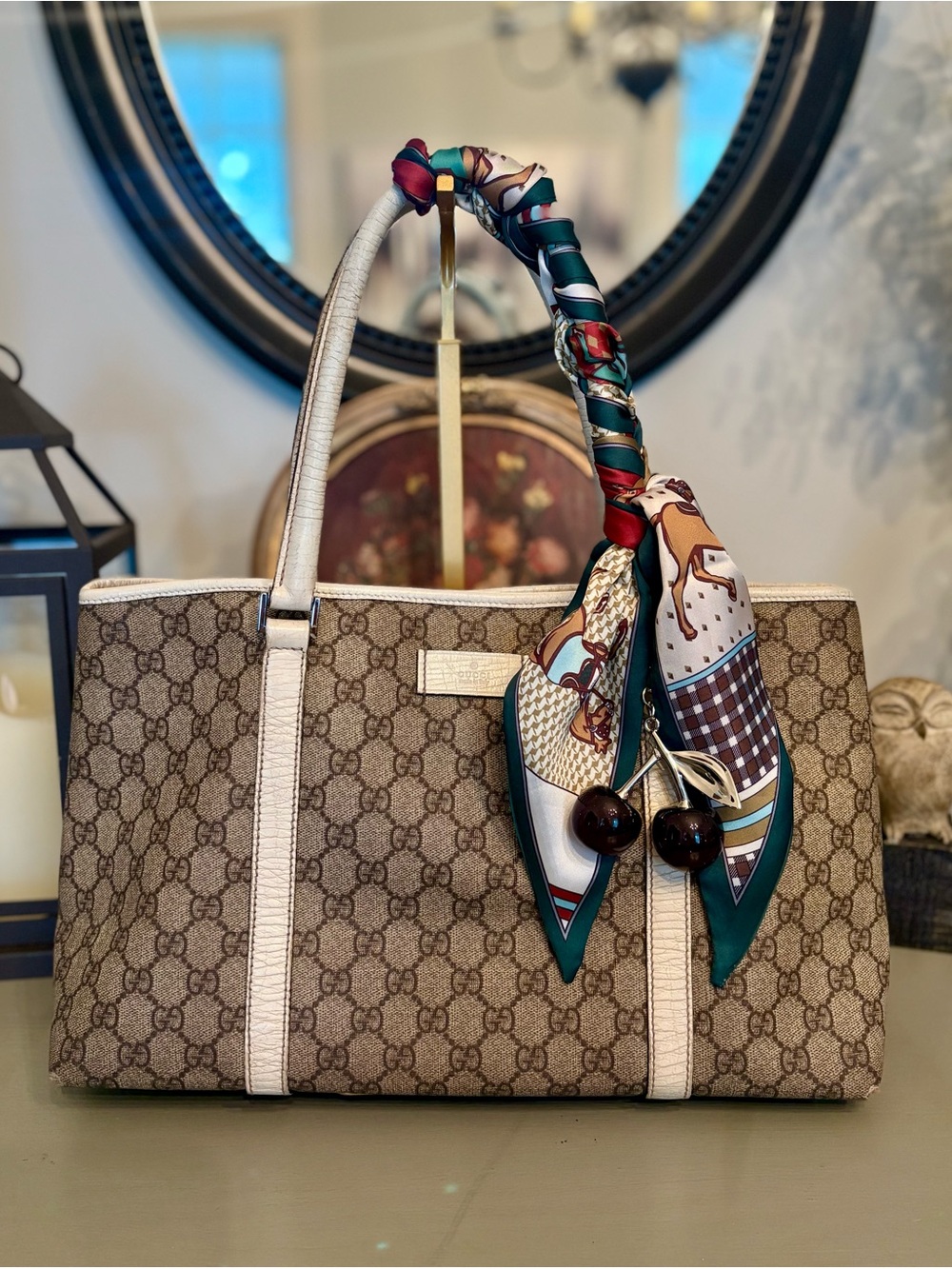 Gucci GG Supreme Joy Tote Bag - White Leather Trim